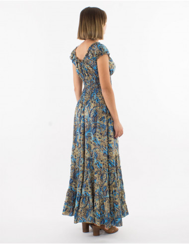 Long polyester dress with elastic size and "road dore" print