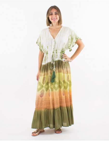 Long viscose tie and dye dress with short sleeves and v-neck