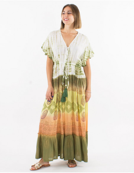 Long viscose tie and dye dress with short sleeves and v-neck