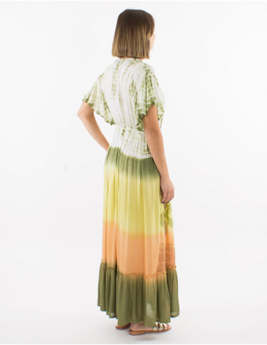 Long viscose tie and dye dress with short sleeves and v-neck
