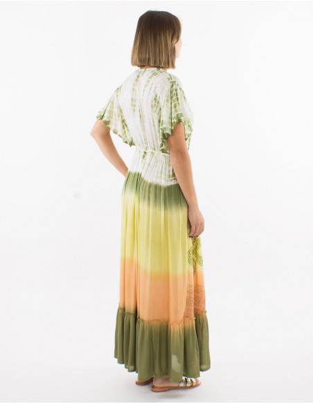 Long viscose tie and dye dress with short sleeves and v-neck