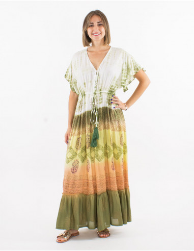 Long viscose tie and dye dress with short sleeves and v-neck