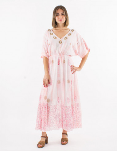 Long cotton voile tie and dye lining dress with beads and short sleeves