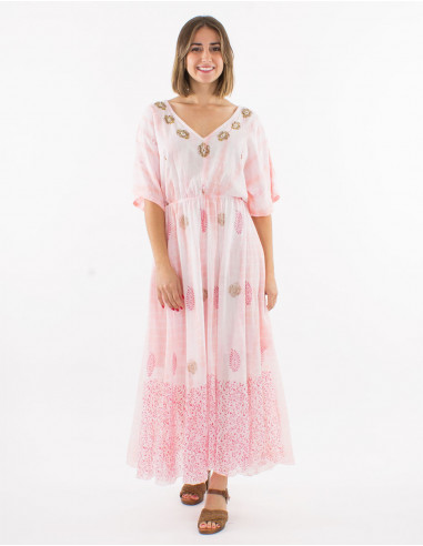 Long cotton voile tie and dye lining dress with beads and short sleeves