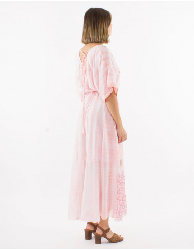 Robe longue voile de coton tie and dye doublée avec perles manches courtes