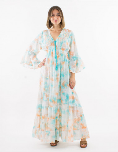 Long cotton voile tie and dye dress with beads and Long sleeves