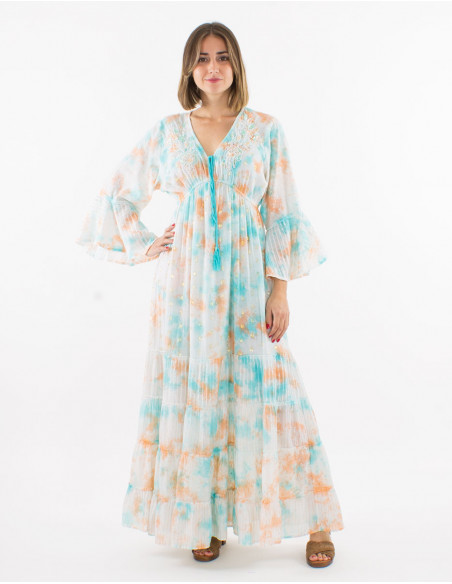 Long cotton voile tie and dye dress with beads and Long sleeves