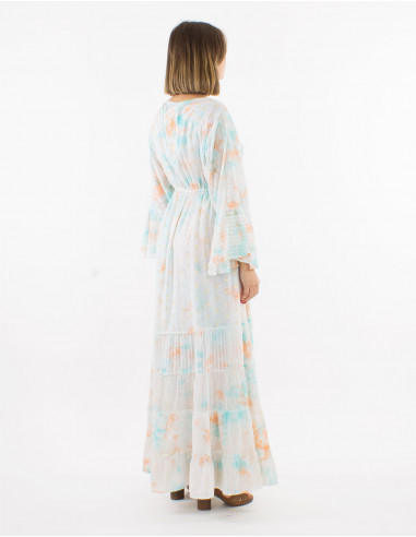 Long cotton voile tie and dye dress with beads and Long sleeves