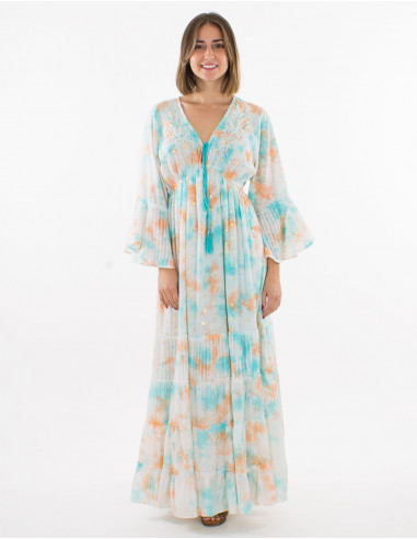 Long cotton voile tie and dye dress with beads and Long sleeves