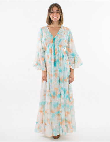 Robe longue voile de coton tie and dye doublée avec perles et fils métallique manches longues