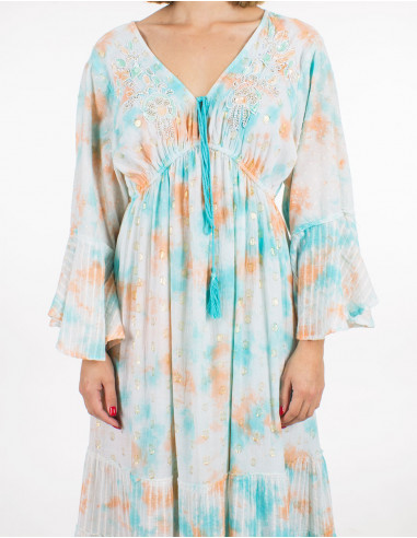 Long cotton voile tie and dye dress with beads and Long sleeves