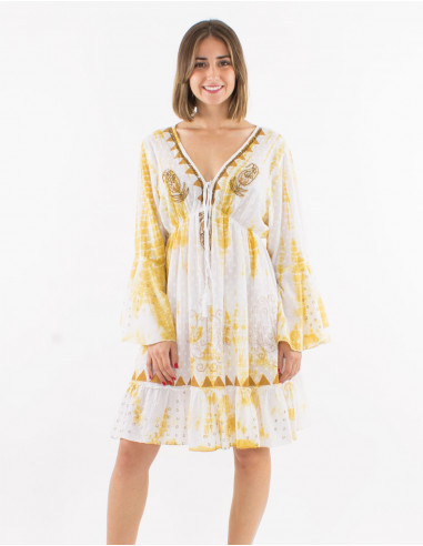 Cotton tie and dye long sleeves dress with beads and lining