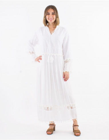 Long viscose dress with Long sleeves and pompoms