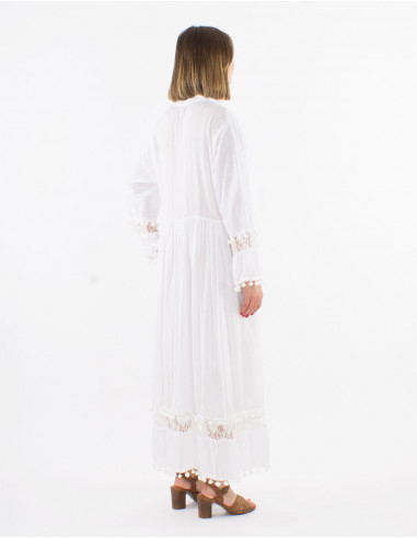 Long viscose dress with Long sleeves and pompoms