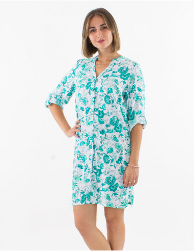Short viscose buttoned dress with 3/4 roll-up sleeves and "indien" print