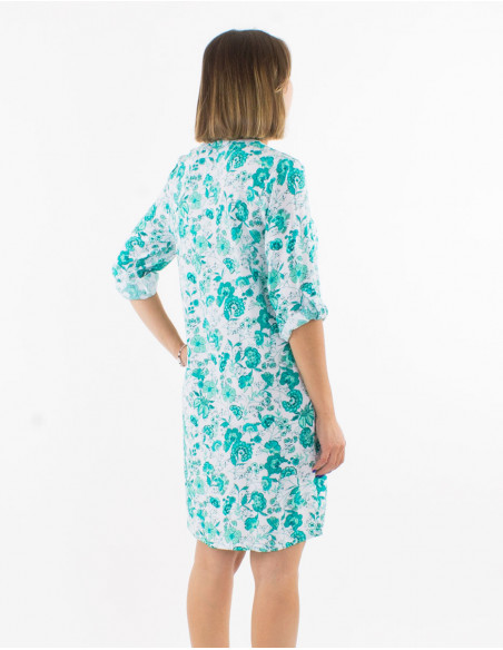 Robe courte viscose boutonnée manches 3/4 retroussables imprimé indien