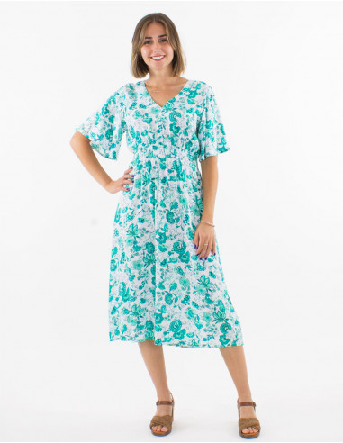 Mid long viscose dress with short sleeves and "indien" print