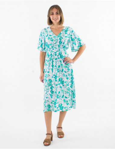 Mid long viscose dress with short sleeves and "indien" print
