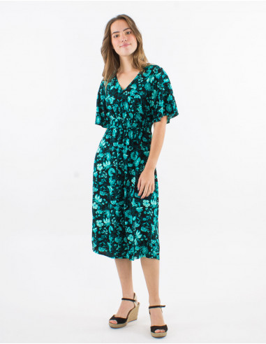 Mid long viscose dress with short sleeves and "indien" print