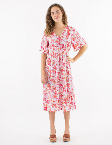 Mid long viscose dress with short sleeves and "indien" print