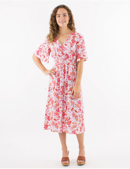 Robe mi longue viscose manches courtes imprimé indien