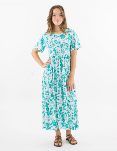 Long viscose dress with short sleeves and "indien" print