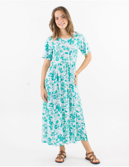 Long viscose dress with short sleeves and "indien" print