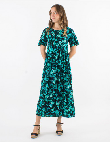 Long viscose dress with short sleeves and "indien" print