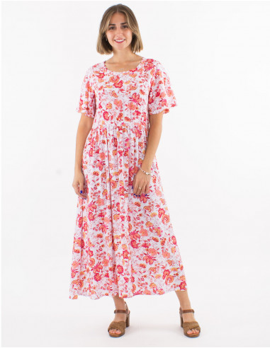 Long viscose dress with short sleeves and "indien" print