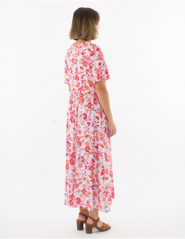 Long viscose dress with short sleeves and "indien" print