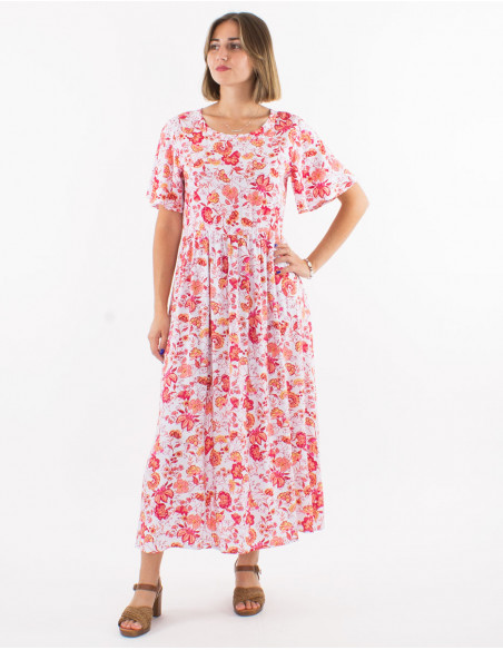 Long viscose dress with short sleeves and "indien" print