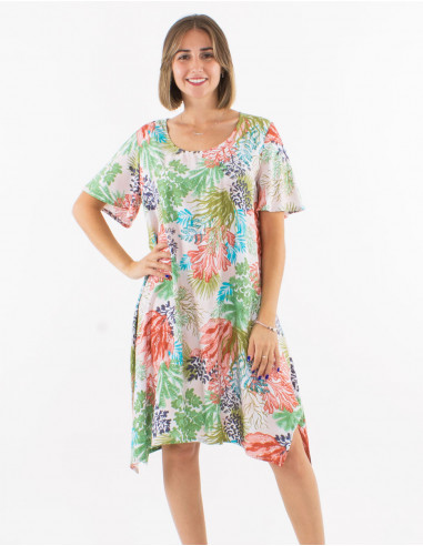 Viscose trapeze dress with short sleeves and "oceanique" print