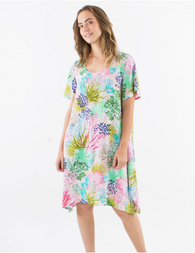 Robe viscose trapèze manches courtes imprimé océanique
