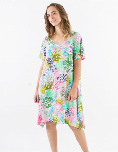 Viscose trapeze dress with short sleeves and "oceanique" print