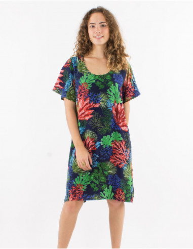 Viscose trapeze dress with short sleeves and "oceanique" print
