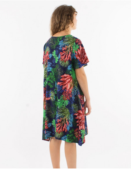 Robe viscose trapèze manches courtes imprimé océanique