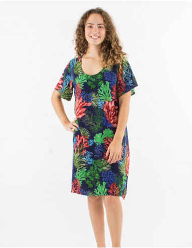 Robe viscose trapèze manches courtes imprimé océanique