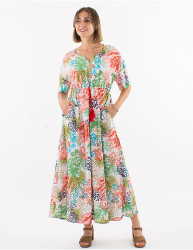 Long buttoned dress with short sleeves and "oceanique" print