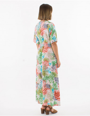 Long buttoned dress with short sleeves and "oceanique" print