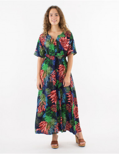 Long buttoned dress with short sleeves and "oceanique" print