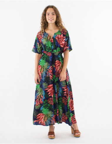 Robe longue viscose boutonnée manches courtes imprimé océanique