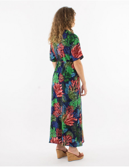 Long buttoned dress with short sleeves and "oceanique" print