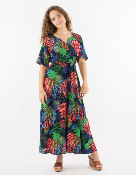 Long buttoned dress with short sleeves and "oceanique" print
