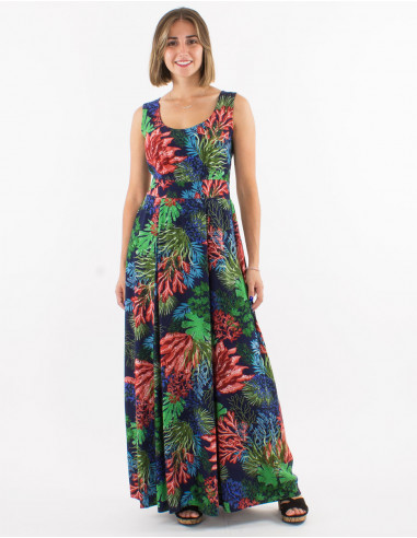 Long viscose sleeveless dress with "oceanique" print