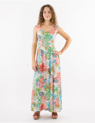 Long viscose sleeveless dress with "oceanique" print