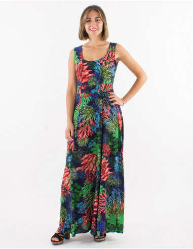 Long viscose sleeveless dress with "oceanique" print