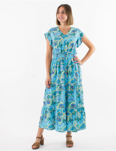Long viscose smocked belt dress with short sleeves and "istanbul" print