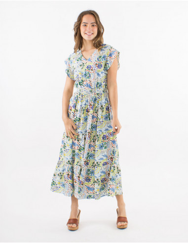 Long viscose smocked belt dress with short sleeves and "istanbul" print