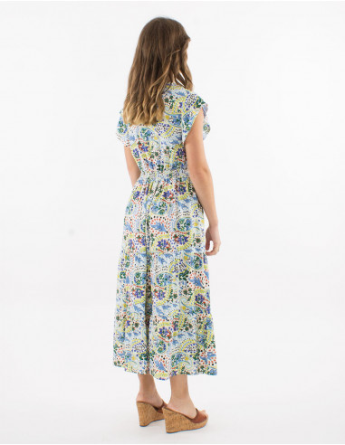 Robe longue viscose ceinture smockée manches courtes imprimé Istanbul