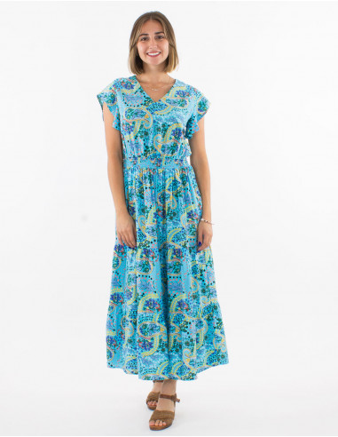 Long viscose smocked belt dress with short sleeves and "istanbul" print